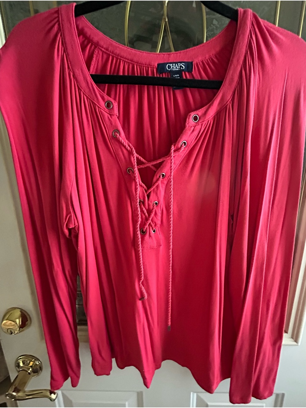 Chaps Long-Sleeve Lace-Up Top in Bright Pink Sz L - XL